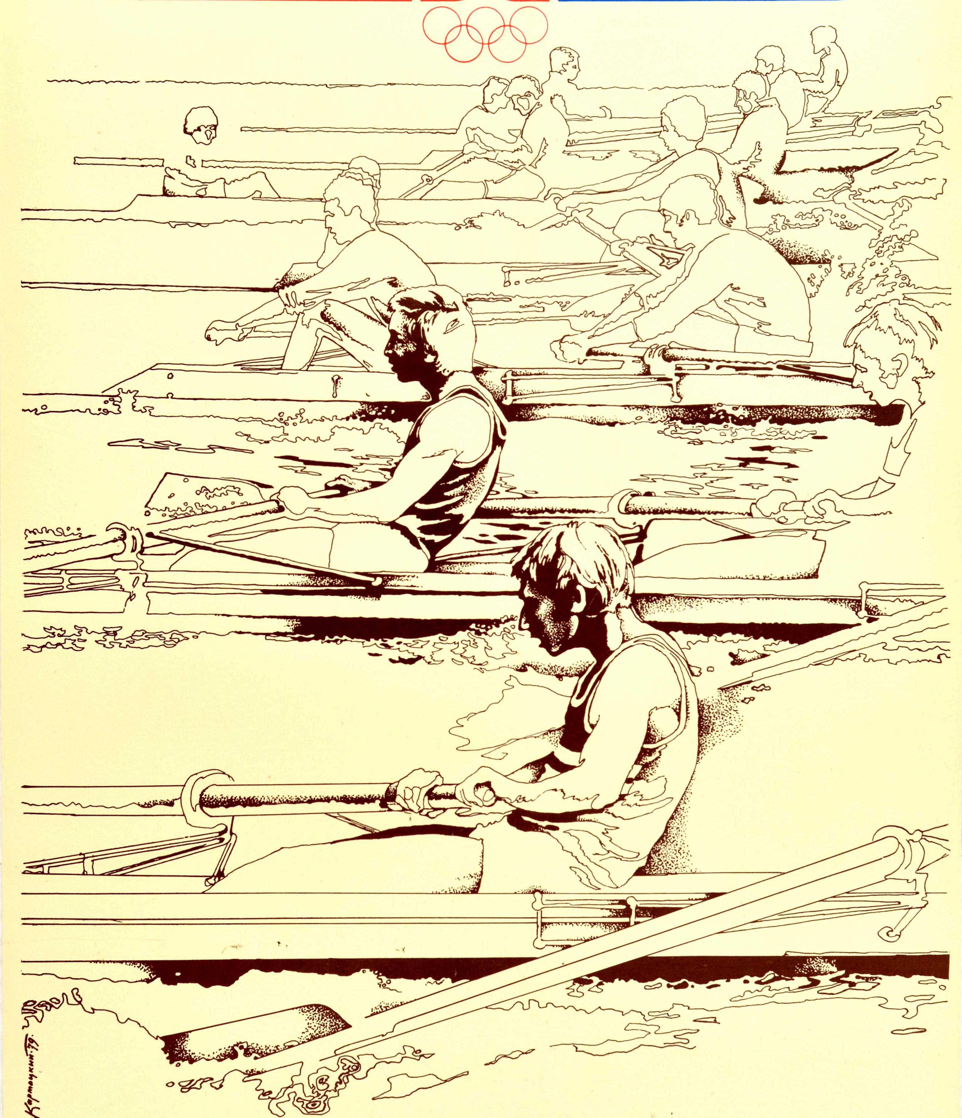 Original-Sportplakat für die Olympischen Spiele 1980 in Moskau Russland mit einem dynamischen Design von Ruderern in Bahnen, die in ihren Booten gegeneinander antreten, mit dem Symbol der Ruderveranstaltung und dem olympischen Logo und den Ringen