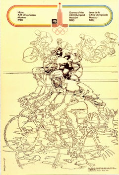 Affiche vintage originale, Jeux Olympiques d'été de Moscou de 1980, Art sprtif d'une course cycliste