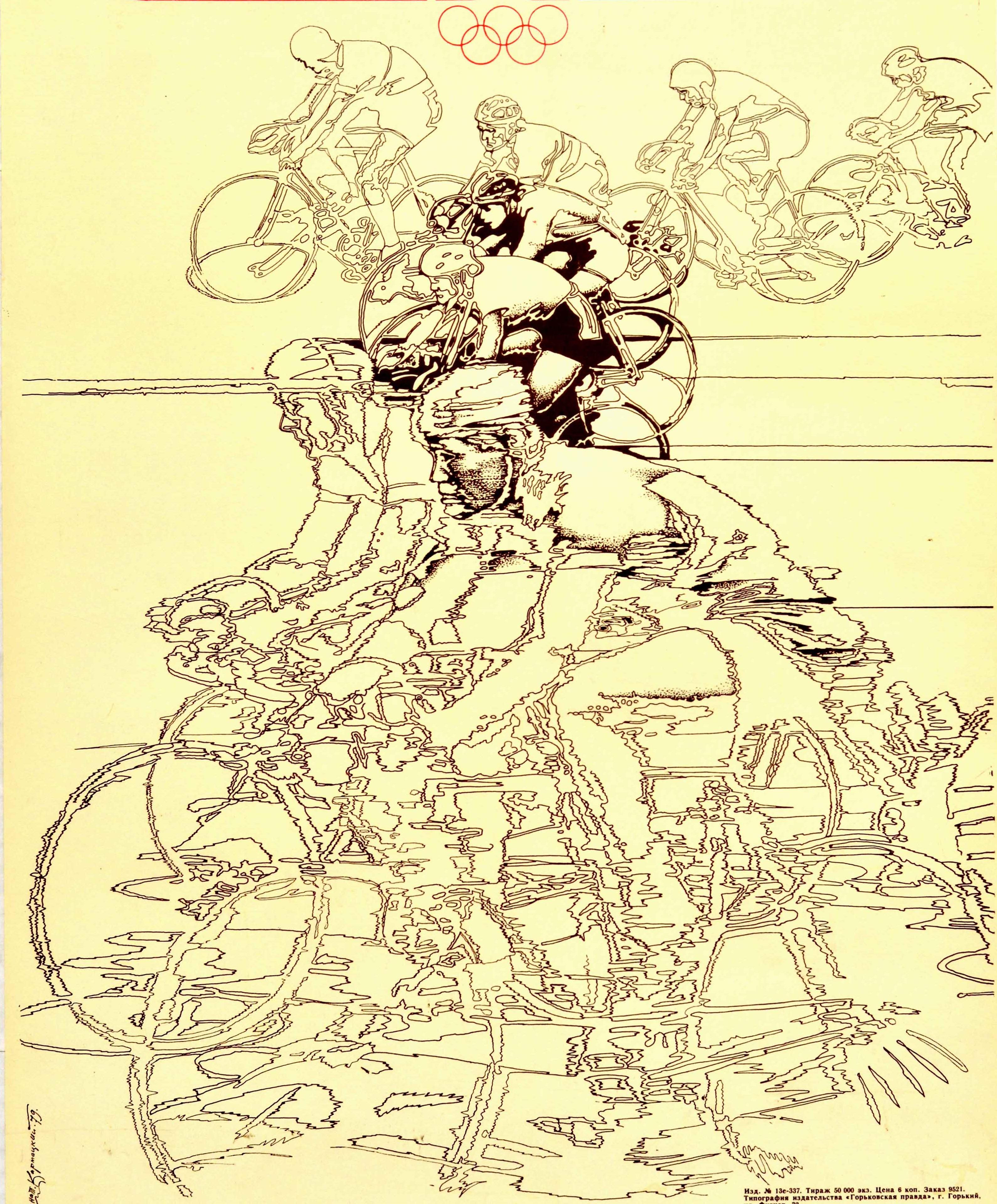 Original-Sportplakat für die Olympischen Spiele 1980 in Moskau Russland mit einem dynamischen Design von Radfahrern, die auf ihren Rädern gegeneinander antreten, mit dem Symbol des Radsportwettbewerbs und dem Moskauer Olympia-Logo und den Ringen in