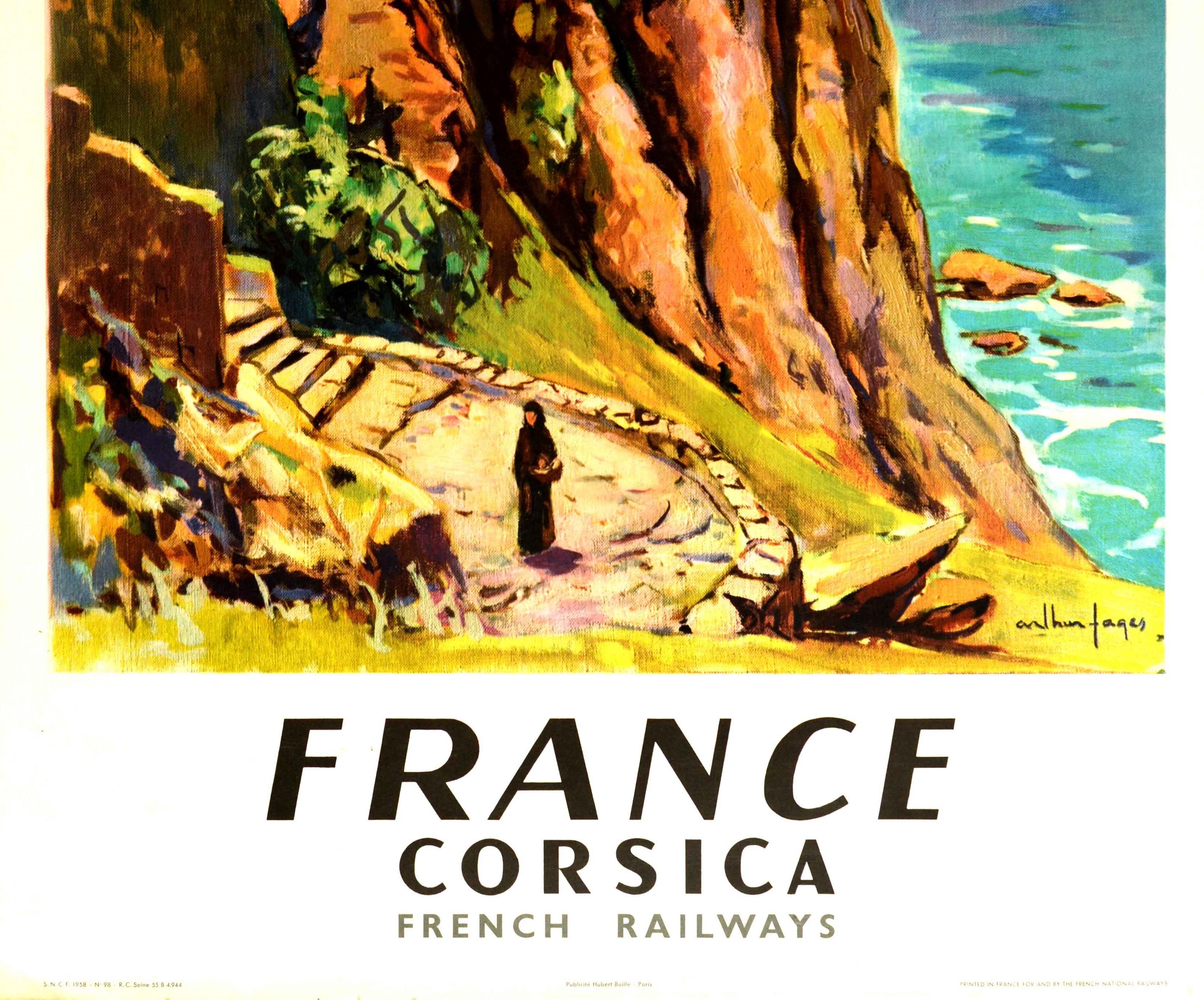 Vintage-Reiseplakat, Eisenbahn, Frankreich, Korsica, Mittelmeerinsel (Beige), Print, von Arthur Fages