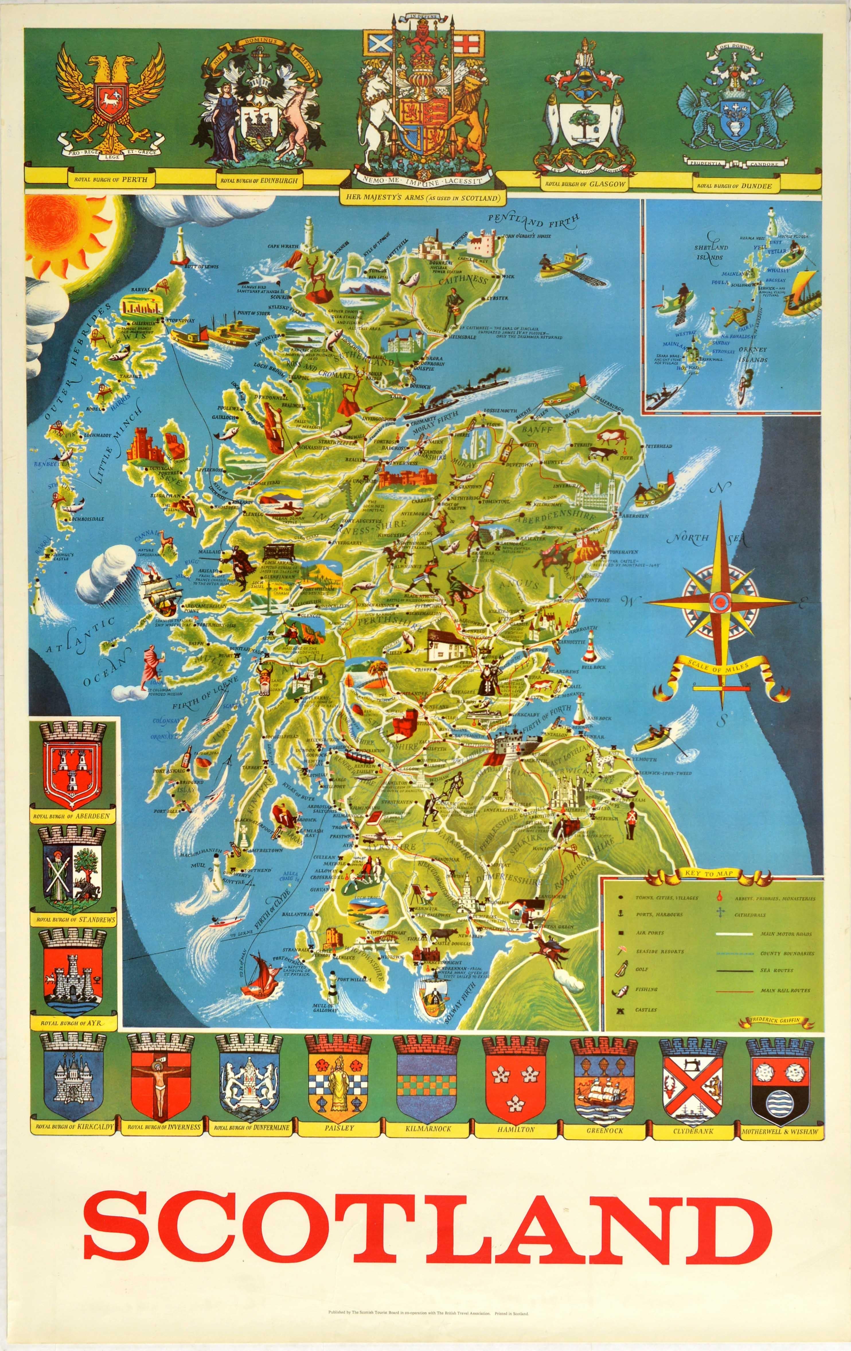 Frederick Griffin Print - Original Vintage Poster Illustrated Map Of Scotland Sport Travel UK Coat Of Arms