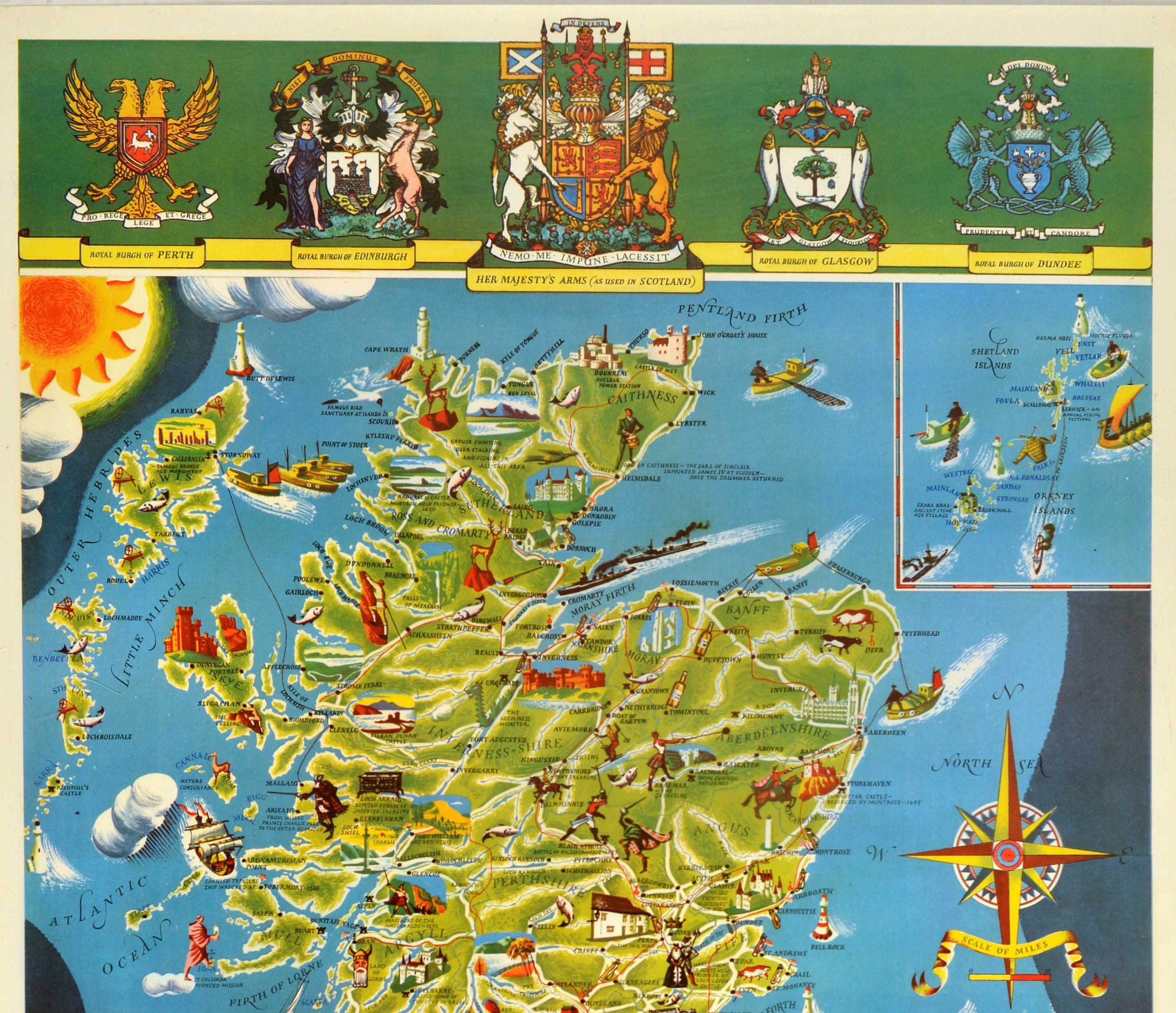 Original Vintage Poster Illustrated Map Of Scotland Sport Travel UK Coat Of Arms - Print by Frederick Griffin
