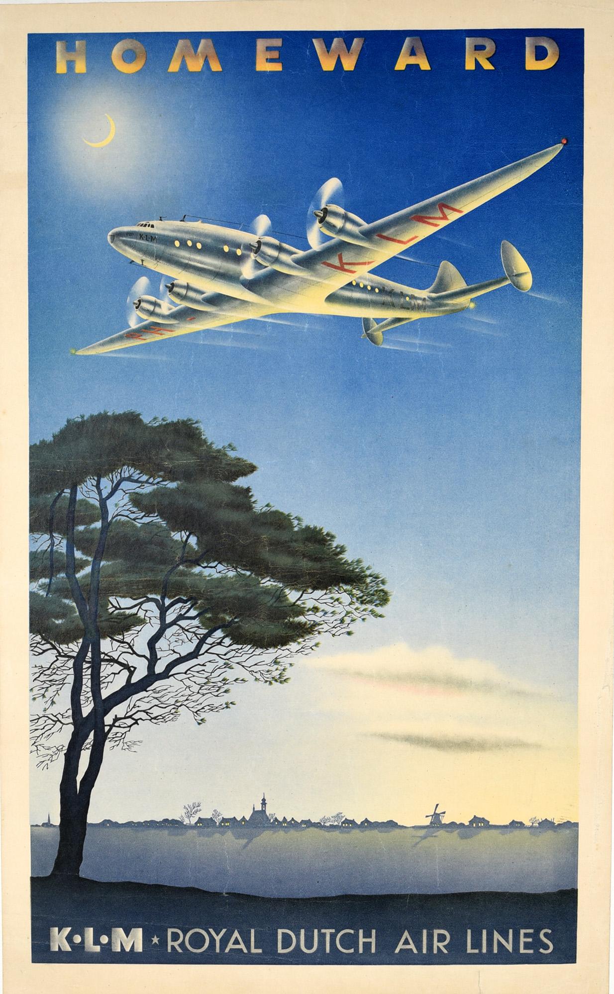 Paul Erkelens Print - Original Vintage Poster Homeward KLM Royal Dutch Airlines Propeller Plane Travel