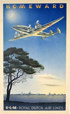 Original Vintage Poster Homeward KLM Royal Dutch Airlines Propeller Plane Travel