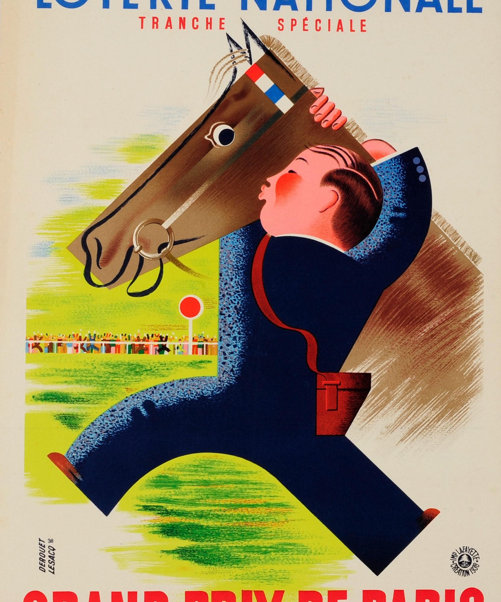 Original Vintage Poster Loterie Nationale Grand Prix De Paris Horse Race Lottery - Beige Print by Derouet Lesacq