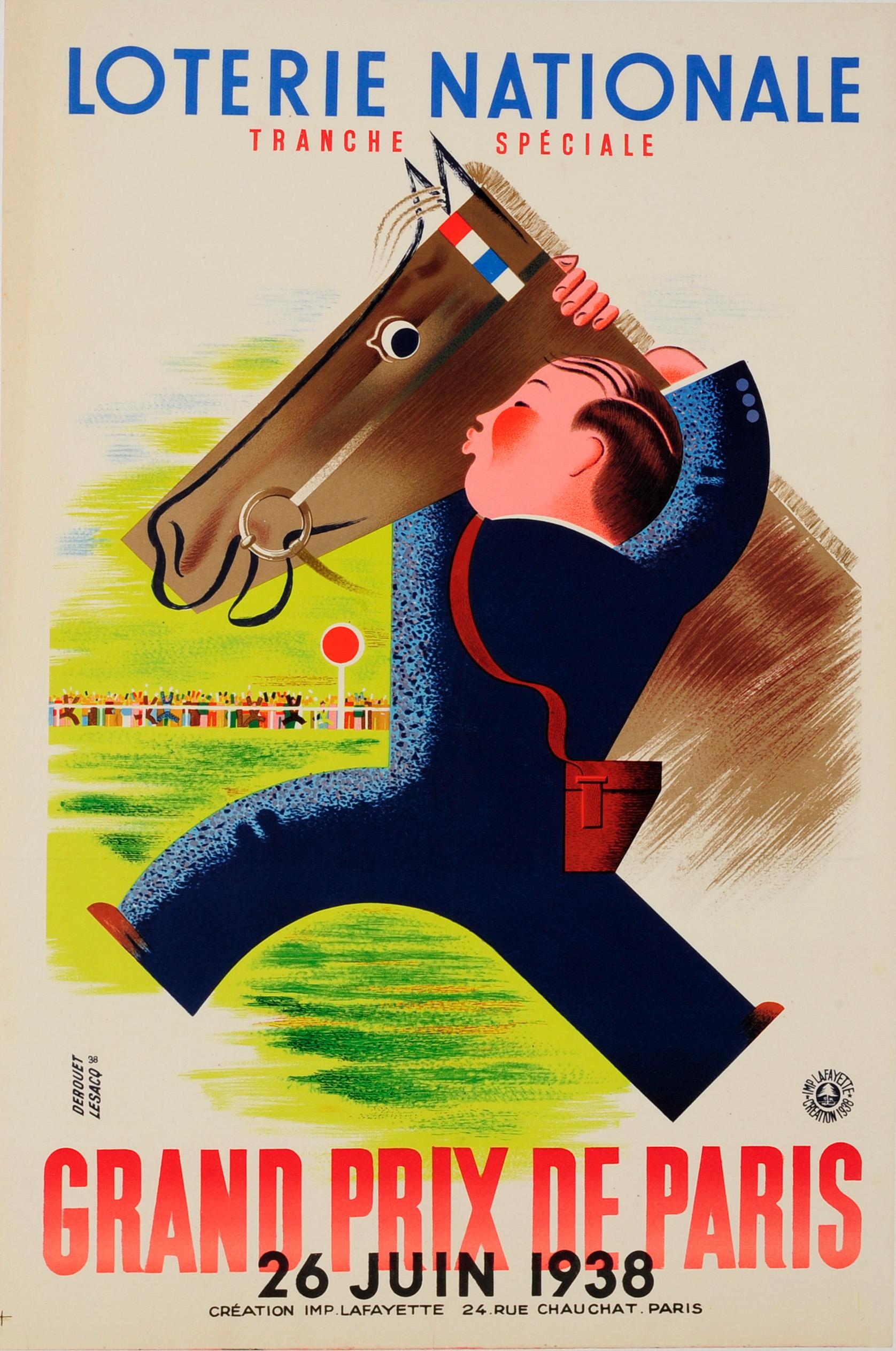 Derouet Lesacq Print - Original Vintage Poster Loterie Nationale Grand Prix De Paris Horse Race Lottery