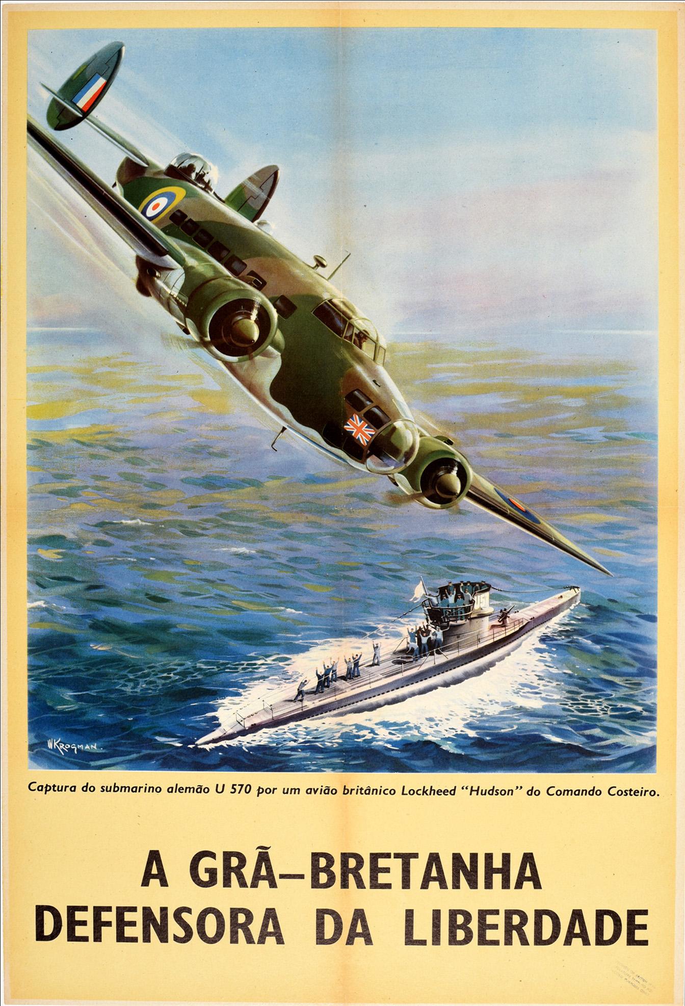 W. Krogman Print - Original Vintage WWII Poster RAF Coastal Command Lockheed Hudson Submarine Uboat