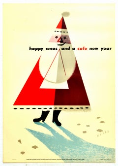 Original Vintage Poster Happy Xmas And A Safe New Year ROSPA Road Safety Santa