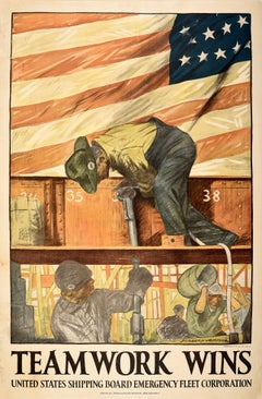 Original Antique Poster Teamwork Wins US Shipping Board Emergency Fleet WWI Flag
