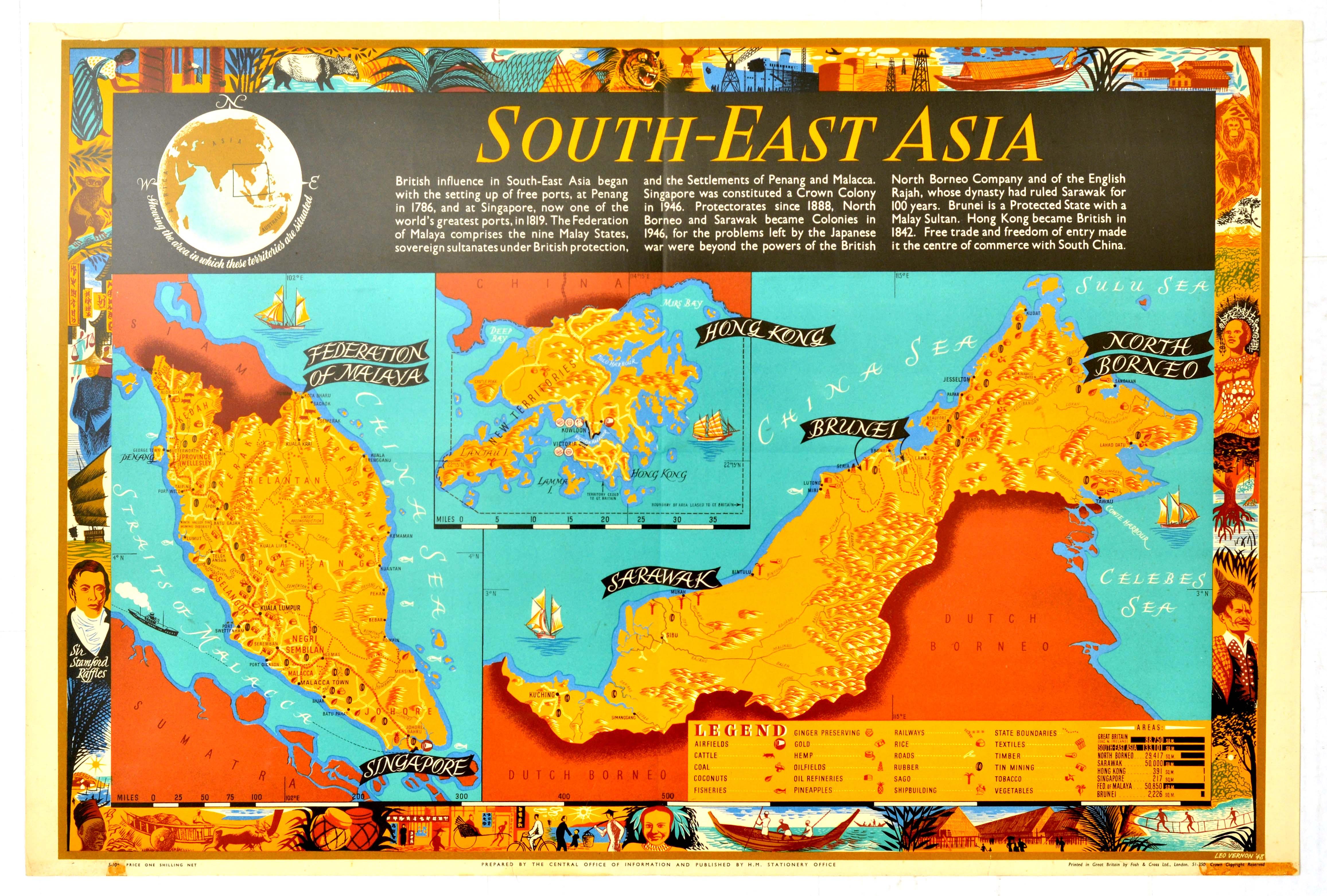 Leo Vernon Bensemann Print - Original Vintage Poster Map South East Asia Malaya Singapore Hong Kong Brunei