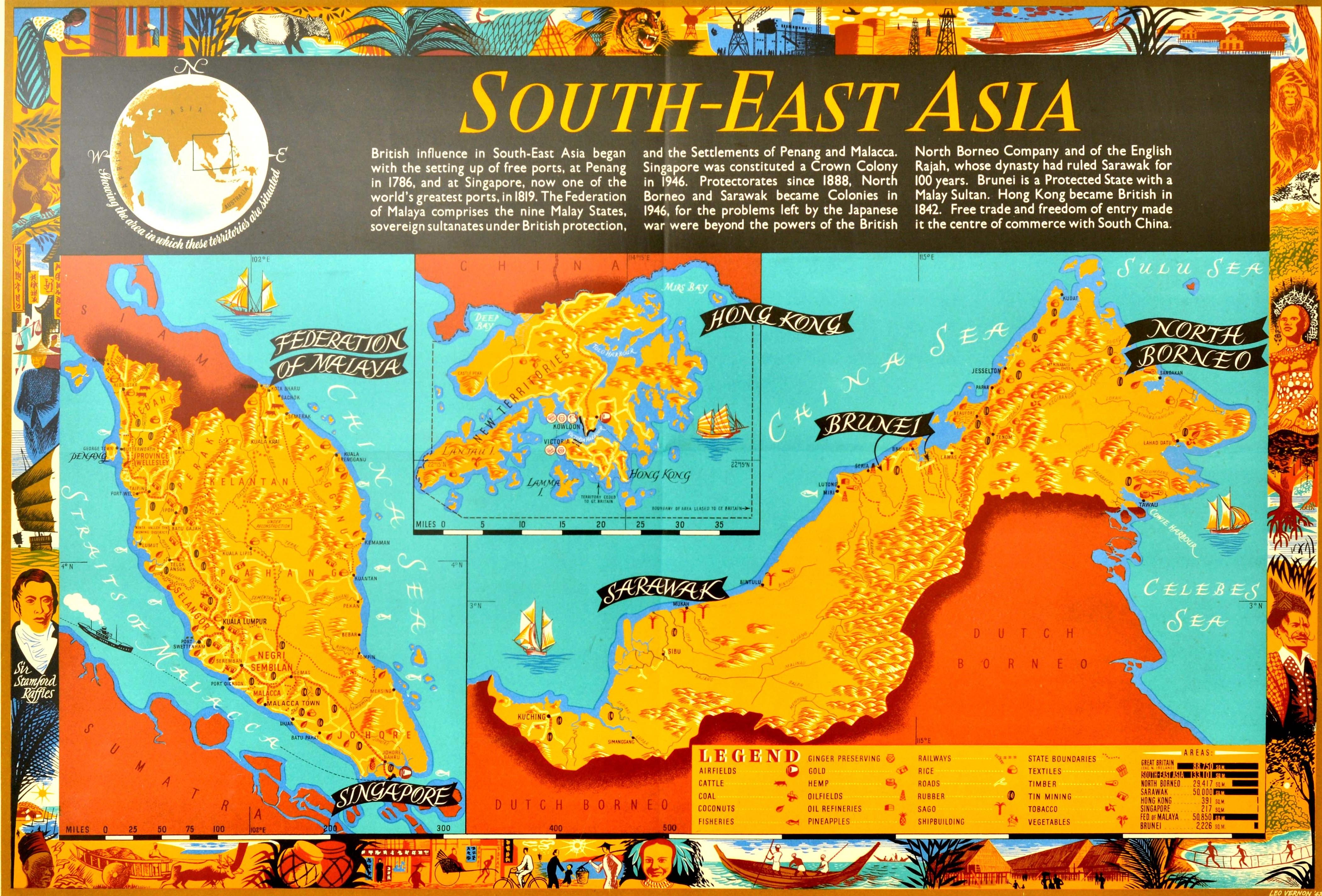 Original-Posterkarte für Südostasien mit Informationen über die Geschichte der britischen Siedlungen und Kolonien in der Föderation von Malaya (Malaysia), Singapur, Hongkong, Sarawak, Brunei und Nordborneo auf der farbenfrohen Karte des