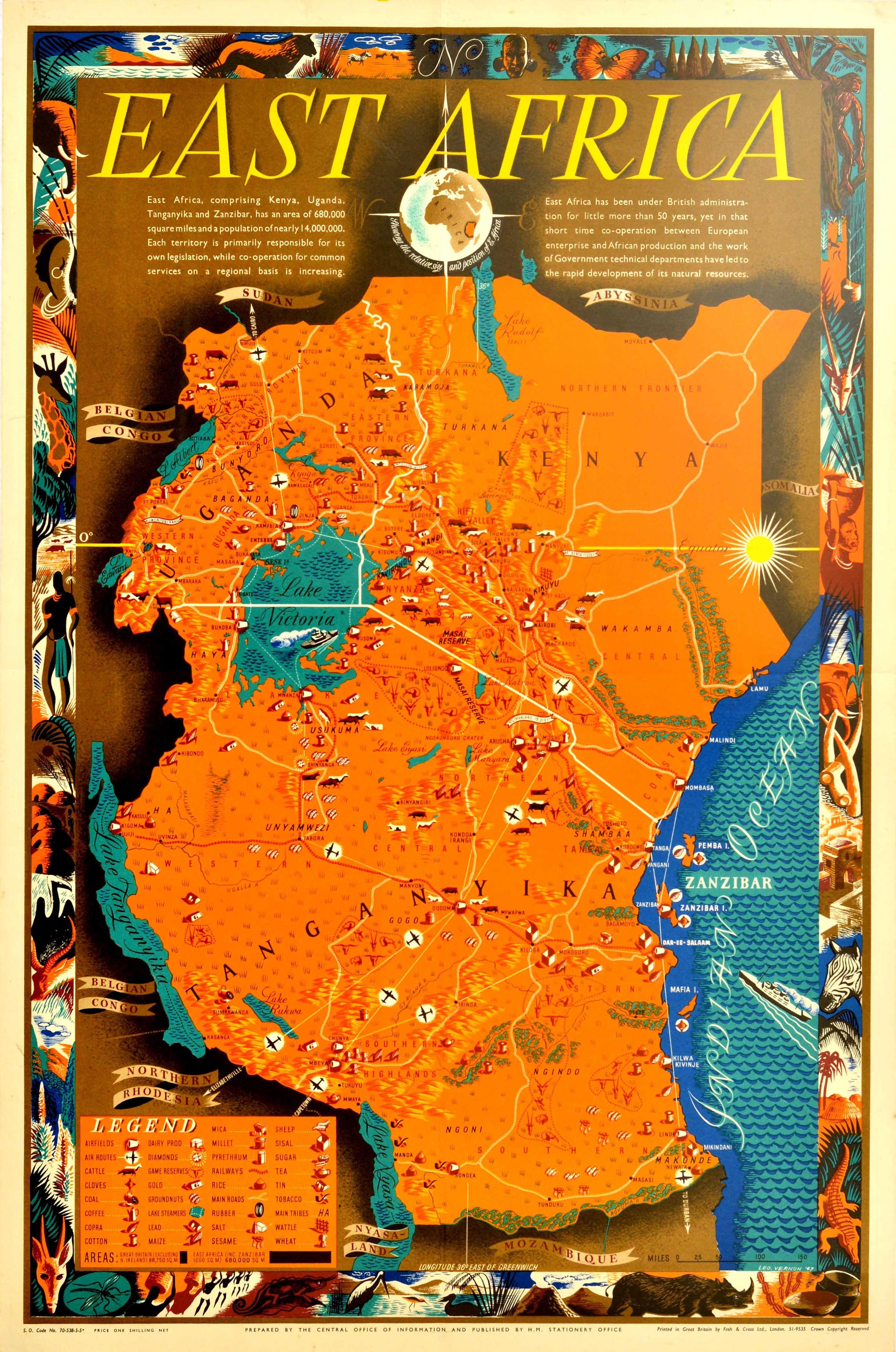 Leo Vernon Bensemann Print - Original Vintage Poster Map East Africa Kenya Uganda Tanganyika Zanzibar Coast