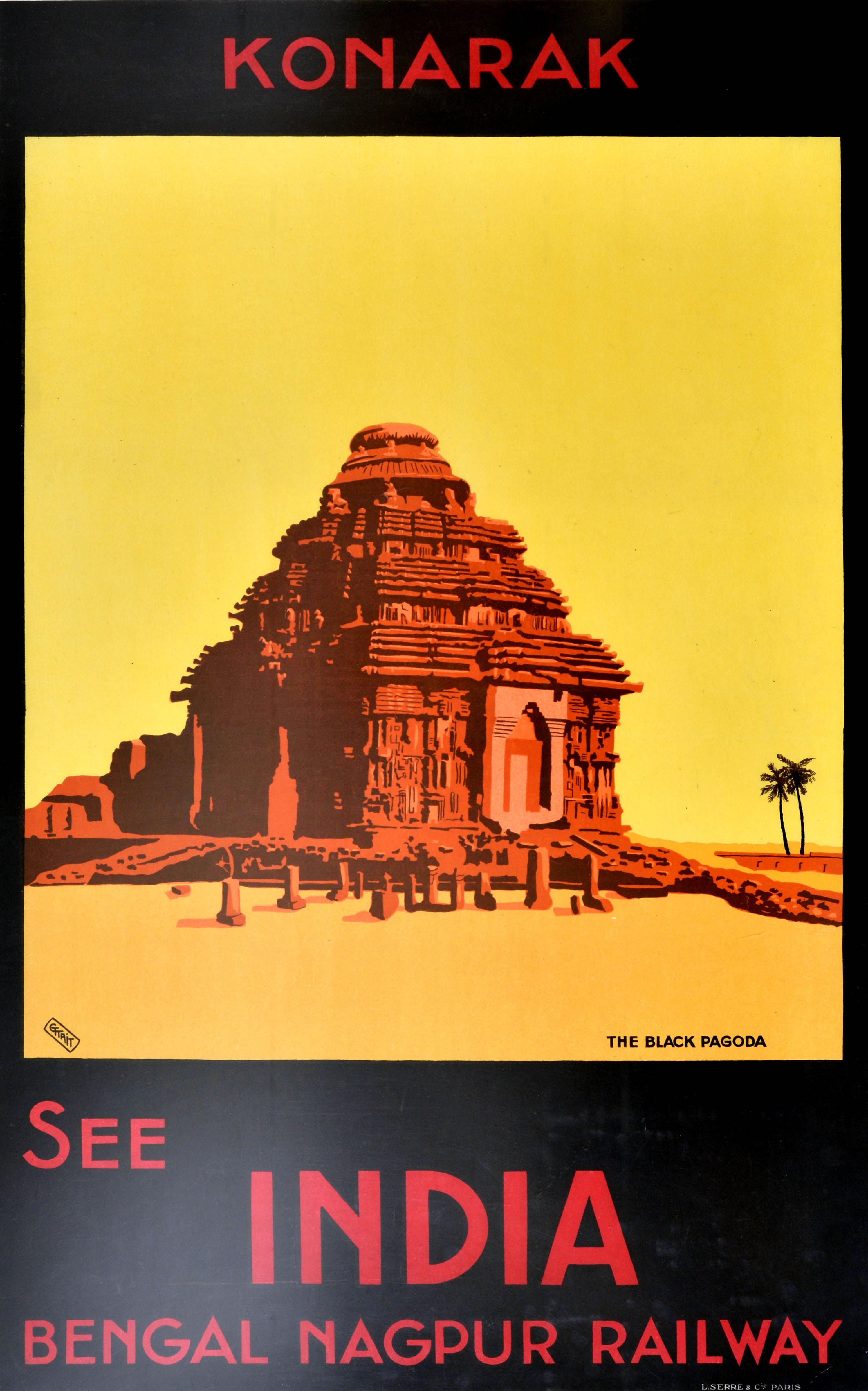 Print C. T. Tait - Affiche ancienne originale Konarak See India Bengal Nagpur Railway The Black Pagoda