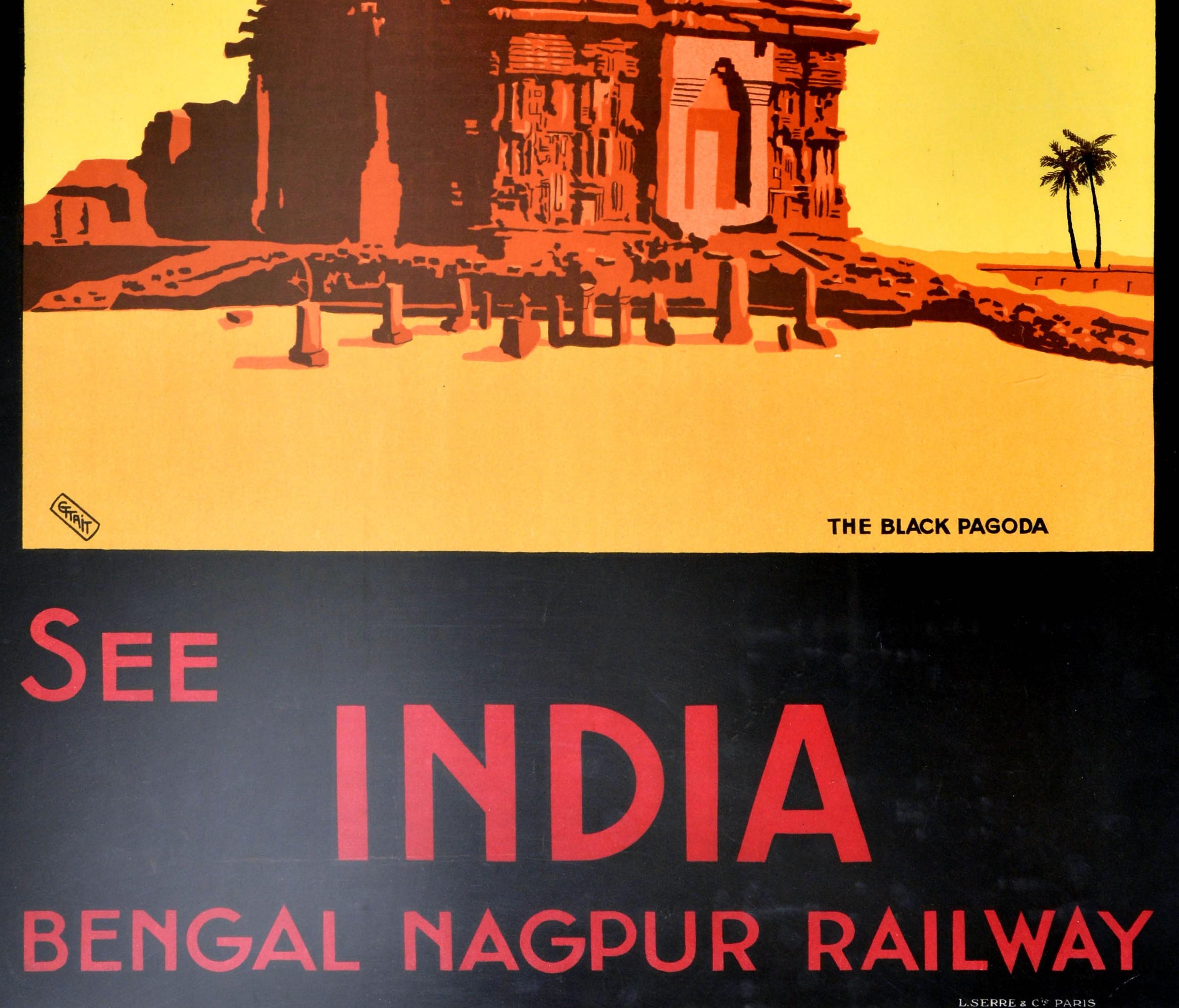 Affiche ferroviaire ancienne originale pour Konarak, voir l'Inde, le Bengale et le Nagpur Railway. Elle présente une superbe illustration de la Pagode noire avec des ruines au premier plan et des palmiers sur le côté, sur un fond jaune, avec des