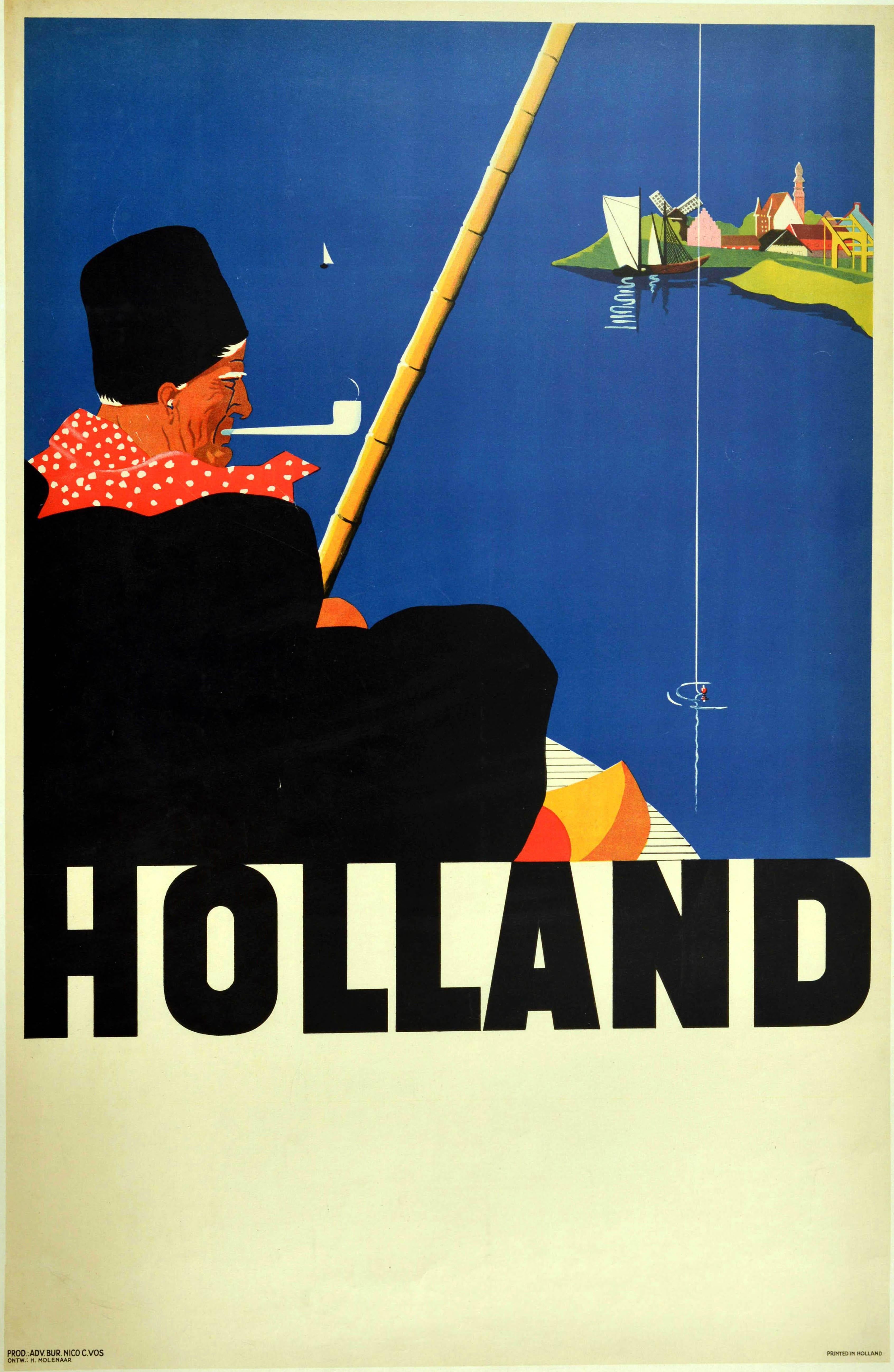 H. Molenaar Print - Original Vintage Travel Poster For Holland Fisherman Windmill Sailing Boats Art