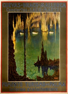 Original Vintage Travel Poster Mallorca Cuevas Drach Caves Lake Martel Concerts