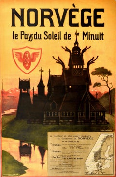 Affiche rétro originale norvégienne, Norvège, Soleil de minuit, église Stavkirke, Carte de voyage