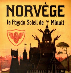 Original Antique Poster Norvege Norway Midnight Sun Stavkirke Church Travel Map