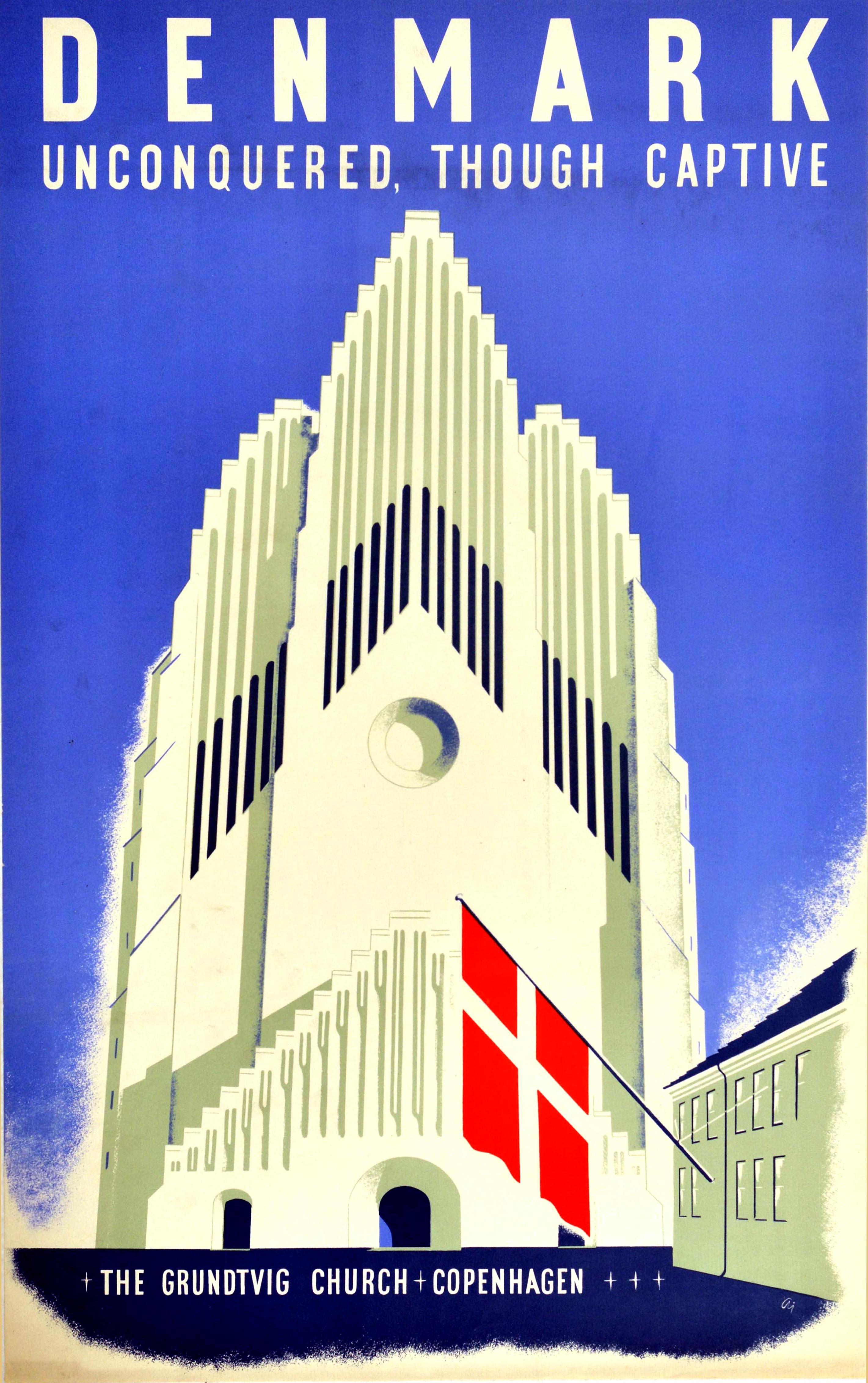 Aage W. Jorgensen Print - Original Vintage Poster Denmark Unconquered Though Captive WWII Grundtvig Church