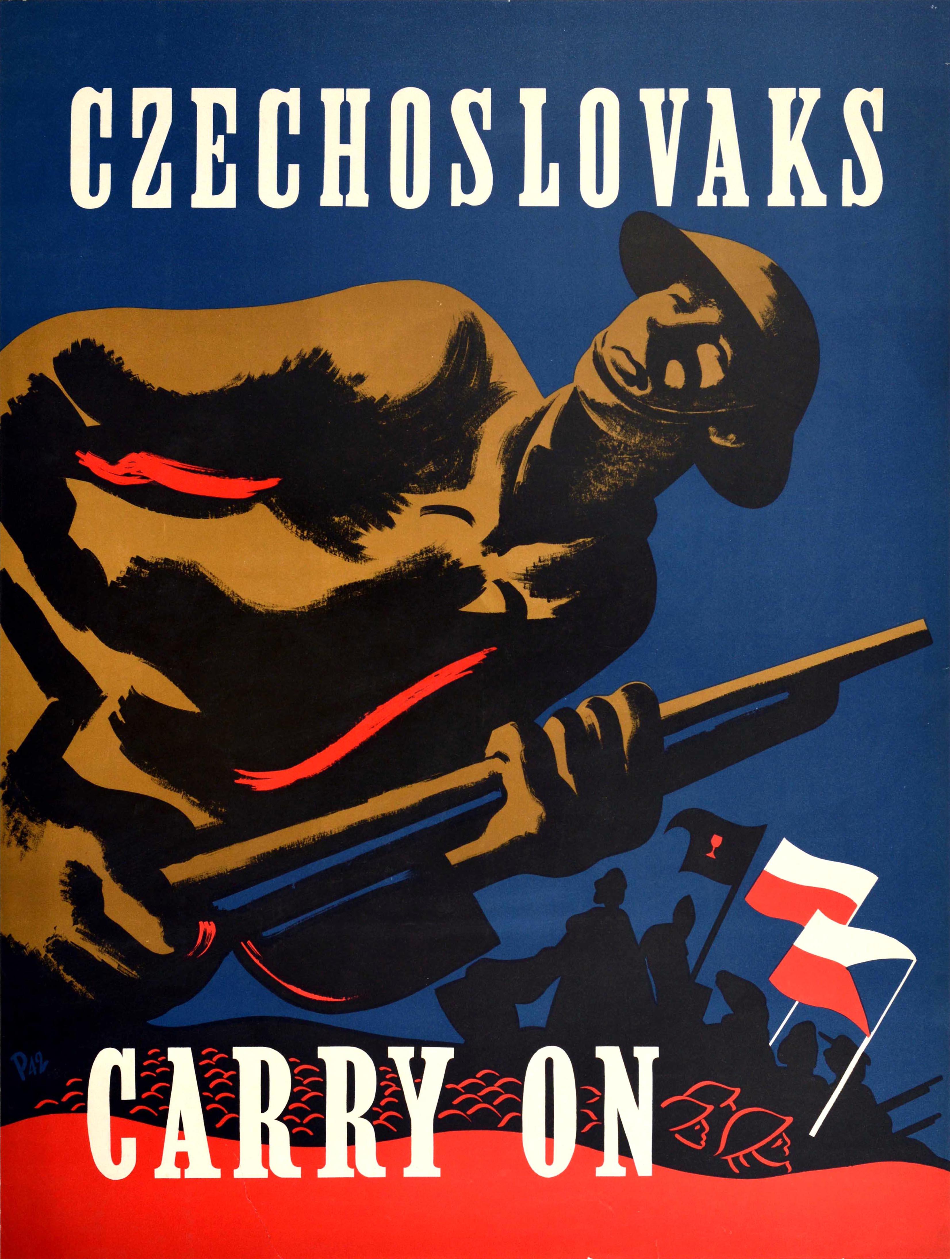 T. Peel Print - Original Vintage Poster Czechoslovaks Carry On WWII Soldiers Army Flags War Art