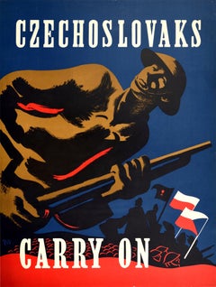 Original Vintage Poster Czechoslovaks Carry On WWII Soldiers Army Flags War Art