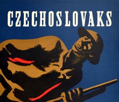 Affiche vintage originale des Tchécoslovaques portant les drapeaux de l'armée de la Seconde Guerre mondiale,