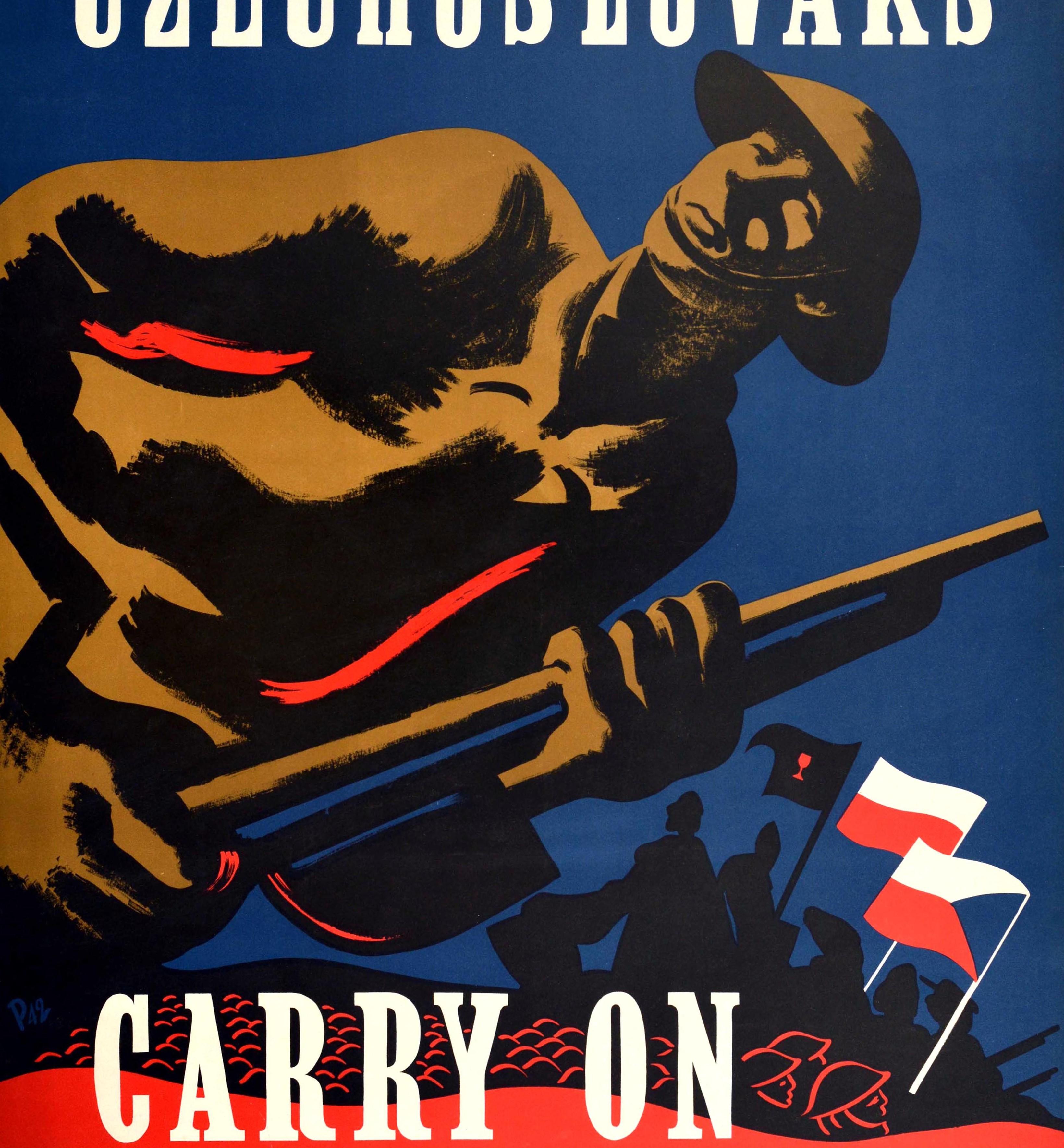 Original Vintage Poster Czechoslovaks Carry On WWII Soldiers Army Flags War Art - Black Print by T. Peel