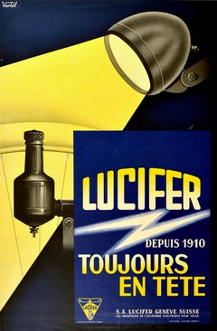 Original Vintage Poster Lucifer Geneva Electrical Bicycle Light Bulb Bike Design