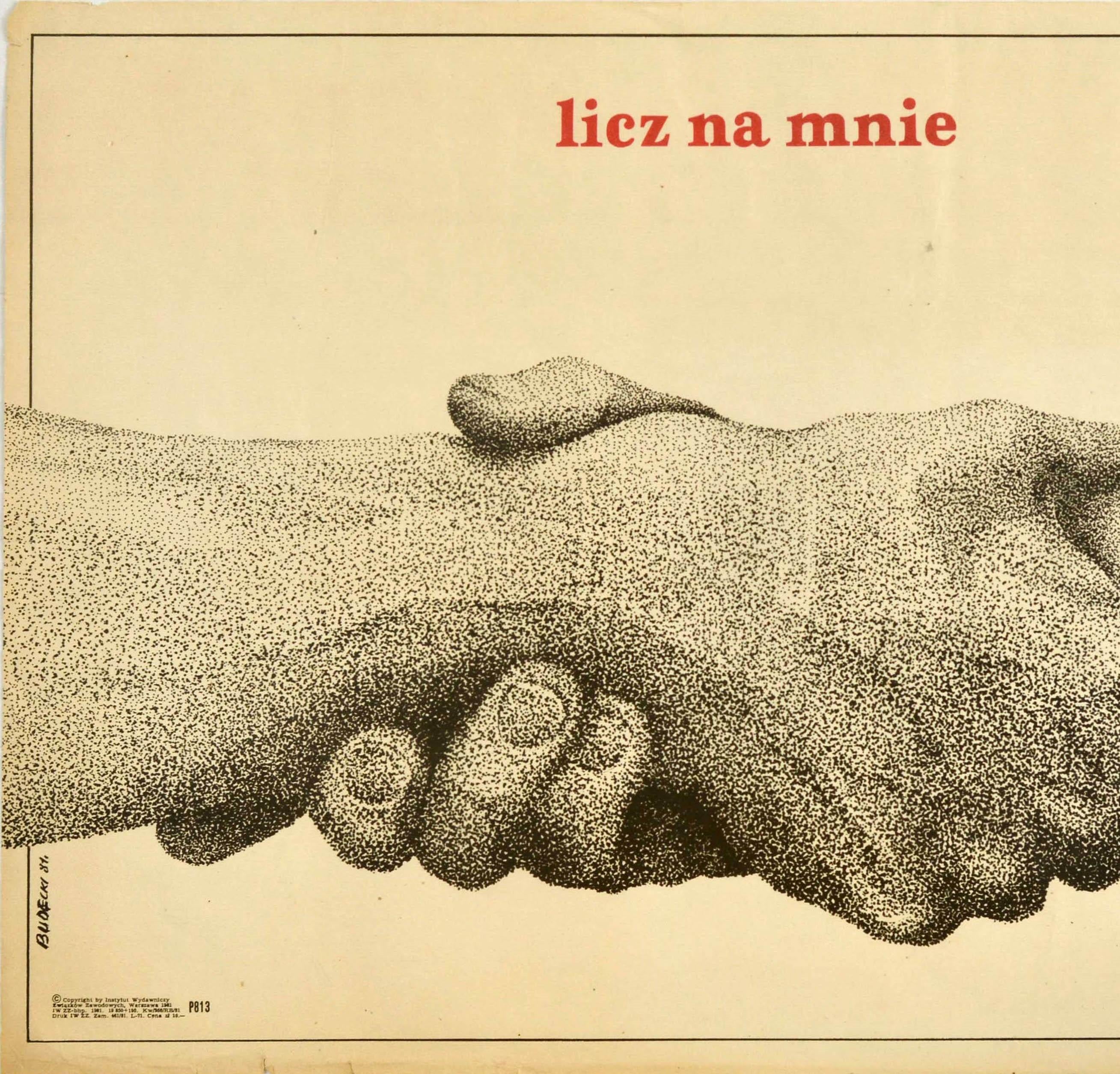 Original Vintage Poster Licz Na Mnie Solidarnosc Poland Solidarity Count On Me - Beige Print by Budecki