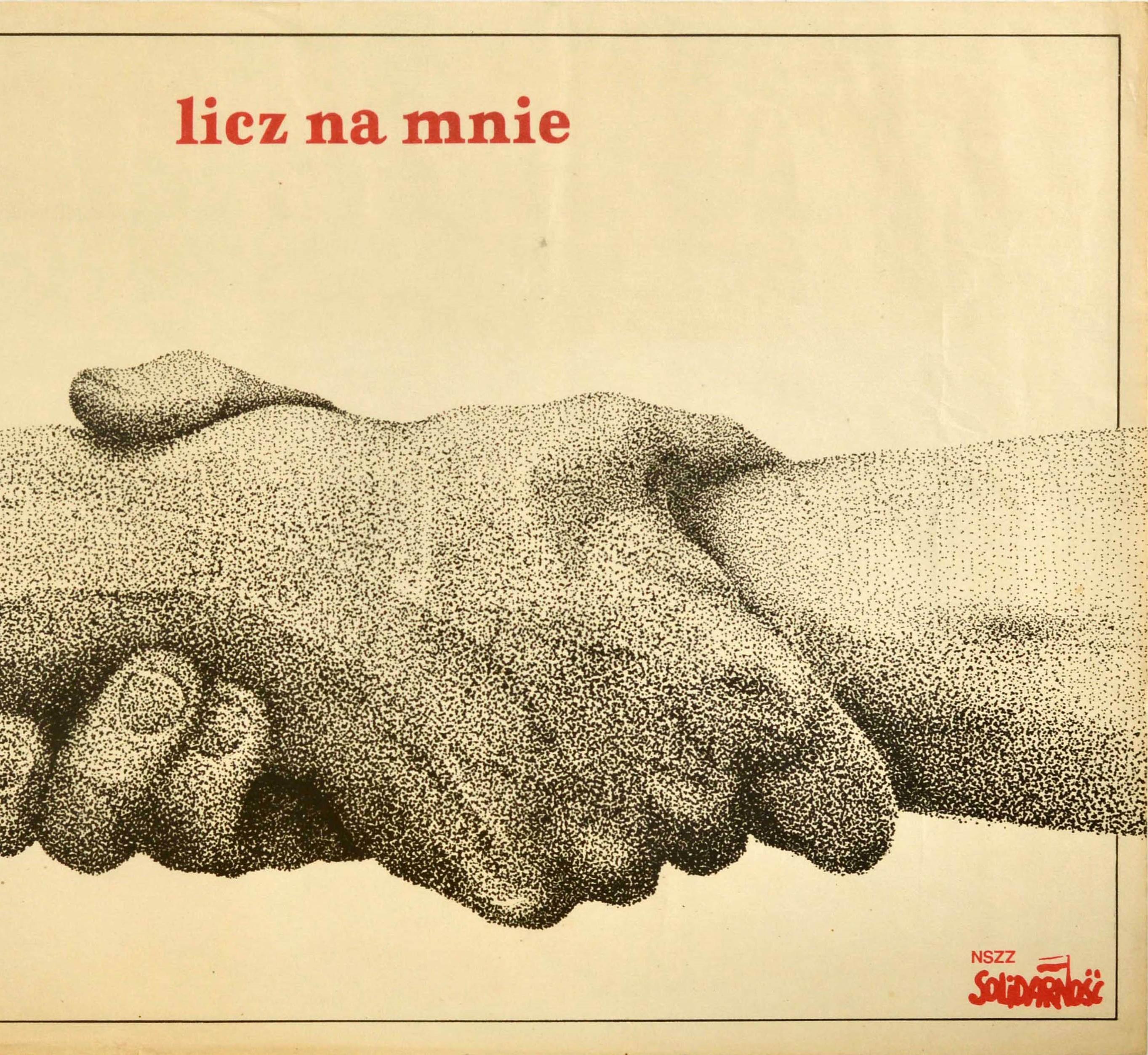 Original vintage Polish political propaganda poster - licz na mnie NSZZ Solidarnosc / Count On Me Solidarity - featuring two strong interlinked arms in grey with the text in red at the top and on the side below. Niezalezny Samorzadny Zwiazek