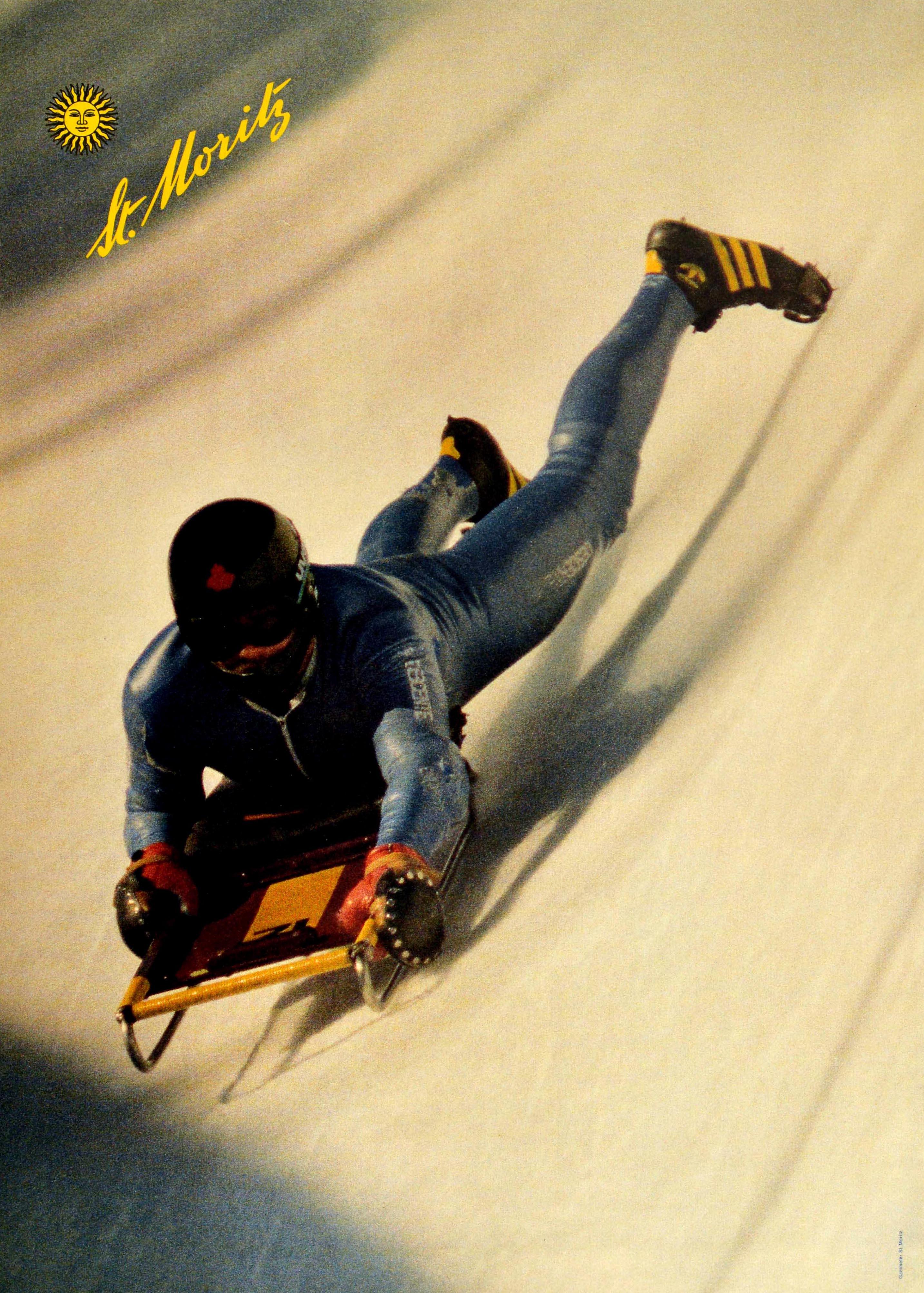 Helmut Ebenhöfer Print - Original Vintage Winter Sport Poster St Moritz Cresta Run Skeleton Bobsleigh