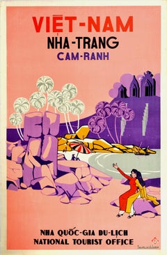 Affiche rétro originale du Vietnam Nha-Trang, Cam-Ranh, Plage, bateau de temple, Voyage en Asie