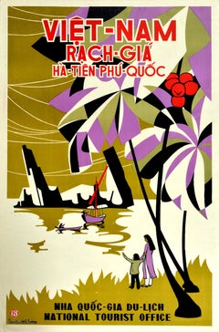 Affiche vintage d'origine Vietnam Rach-Gia Ha-Tien Phu-Quoc Island Asie Voyage Art