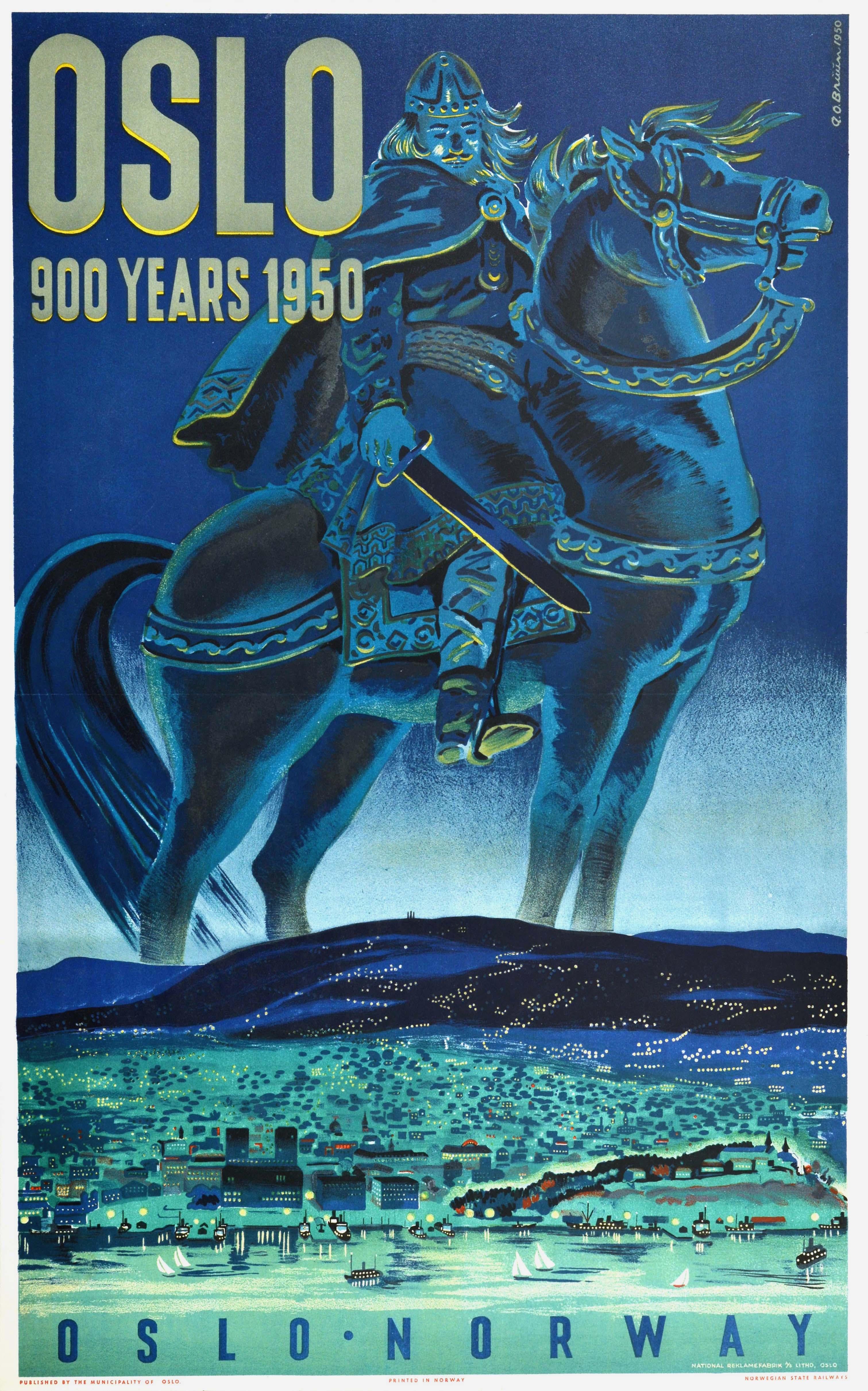 A.O. Bruum Print - Original Vintage Poster Oslo 900 Years Viking King Horse Norway Railway Travel