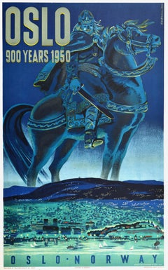 Original Vintage Poster Oslo 900 Years Viking King Horse Norway Railway Travel