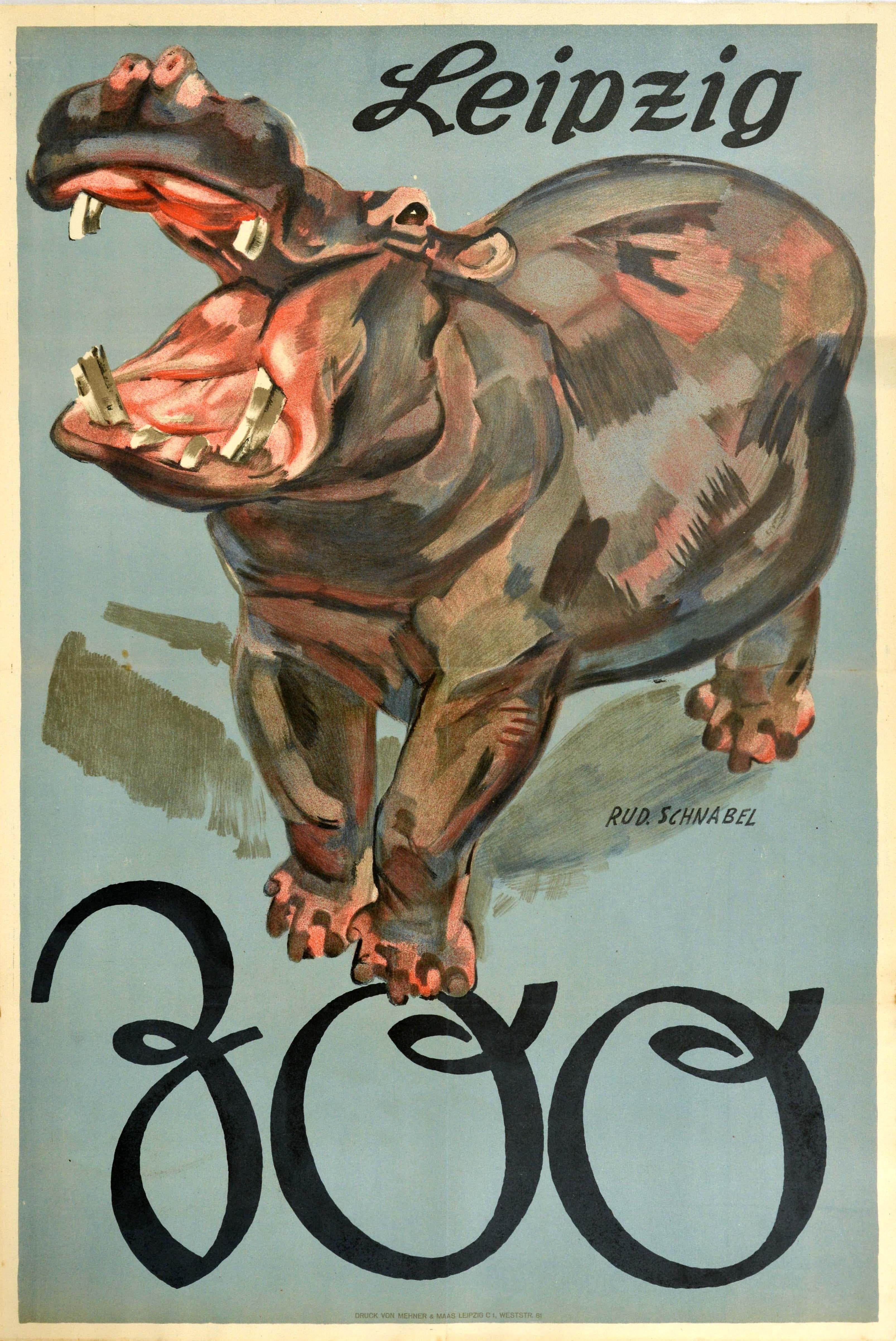 R. Schnabel Print - Original Vintage Poster Leipzig Zoo Germany Hippopotamus Art Design Travel