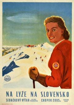 Original Vintage Poster Na Lyze Na Slovensko Winter Sport Skiing Chopok Jasna