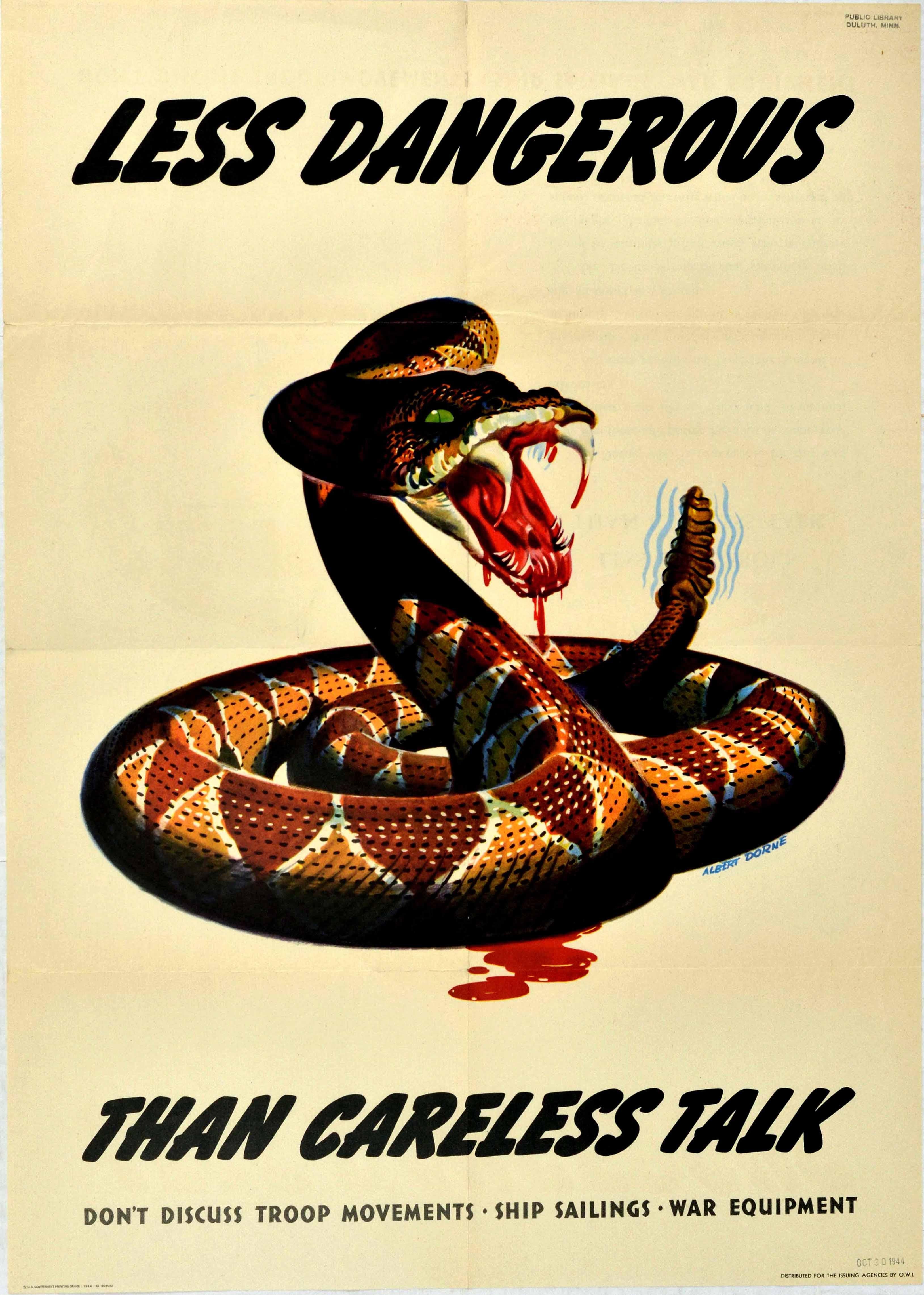 Albert Dorne Print - Original Vintage WWII Poster Less Dangerous Than Careless Talk War Snake Design