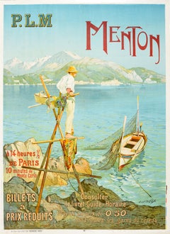 Original Antikes Poster, Menton, Paris, Lyon, Mittelmeerraum, PLM, Eisenbahn, Reisen, Frankreich