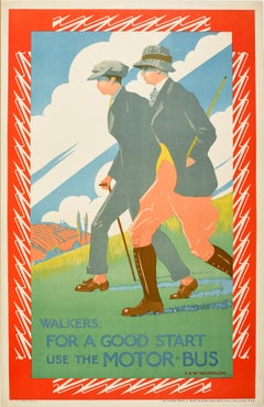 Original Antique Poster Walkers For A Good Start Use The Motor Bus Transport Art