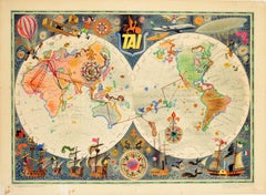 Original Vintage Poster TAI Planisphere Map Of The World Travel Aviation History
