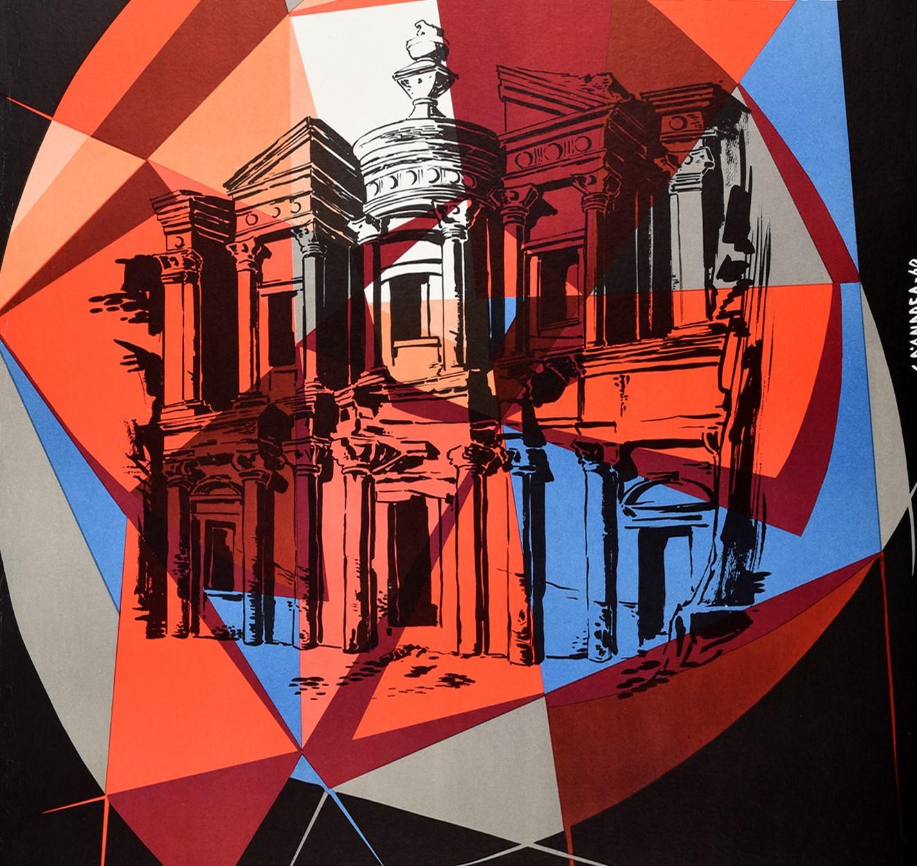 Poster di viaggio originale d'epoca per Petra La Stella del Deserto Giordania La Terra Santa, emesso dall'Ente del Turismo della Giordania, che presenta un grande disegno dello storico sito archeologico di Petra con forme colorate su sfondo nero.