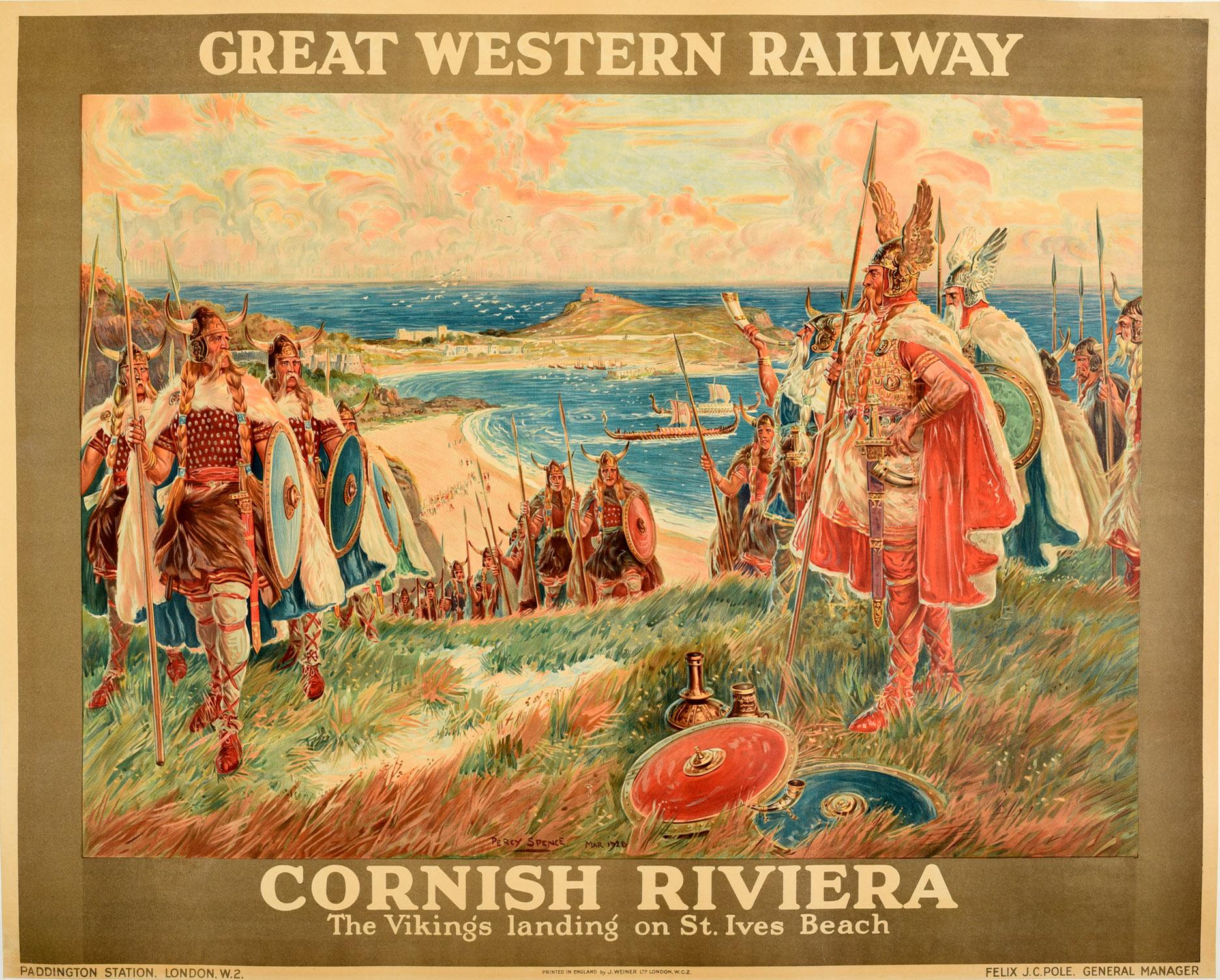 Percy Spence Print - Original Vintage Poster The Vikings Landing On St Ives Beach Cornwall GWRailway