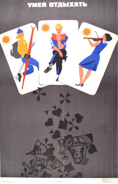Original Vintage Soviet Poster Learn To Ski Read Music Don't Drink Playing Cards