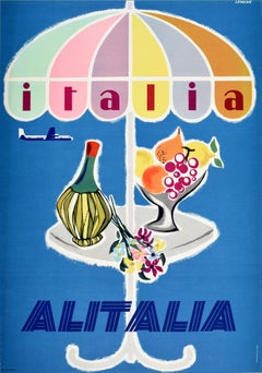 Original Vintage Poster Italia Italy Alitalia Airline Travel Wine Fruit Flowers
