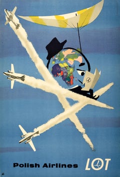 Affiche rétro originale pour le fauteuil de pont de l'LOT Polish Airlines World Travel Planes