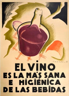 Original Vintage Poster Vino Art Deco Wine Healthiest Drink Louis Pasteur Quote