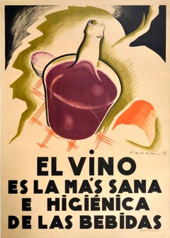 Affiche vintage d'origine Vino Art Déco - Le meilleur boisson à boire est un vin, citation de Louis Pasteur 