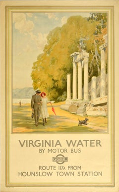 Original Antique Poster Virginia Water Lake Park Ruins Dog Walk London Transport