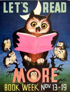 Original Vintage Poster Let's Read More Children's Books Education Owl Design